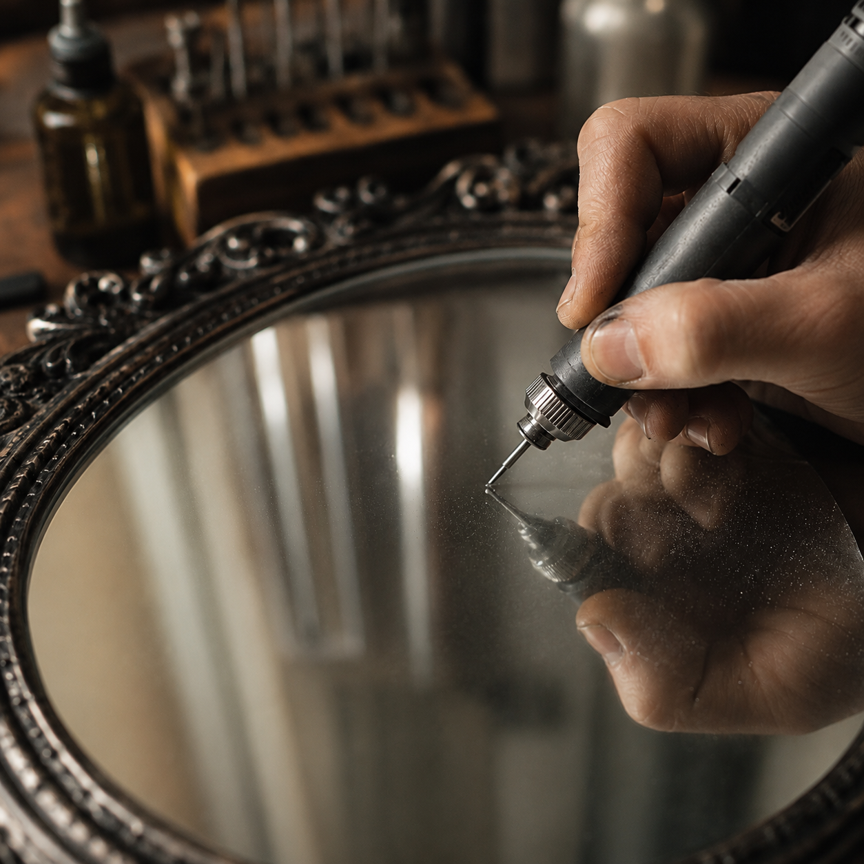 Hand etching a custom design into a mirror
